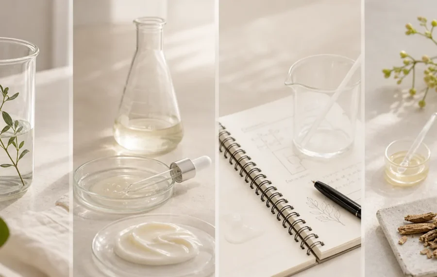 LUMIADE formula lab LUMIADE formula development still life with skincare textures and lab glass
