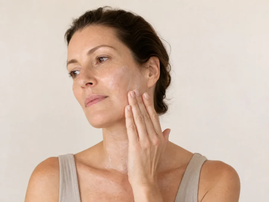 lumiade-pdp-barrier-comfort-sunscreen-lifestyle-clinical-v1 Applying Haru Shield Sunscreen SPF 50+ to face and neck
