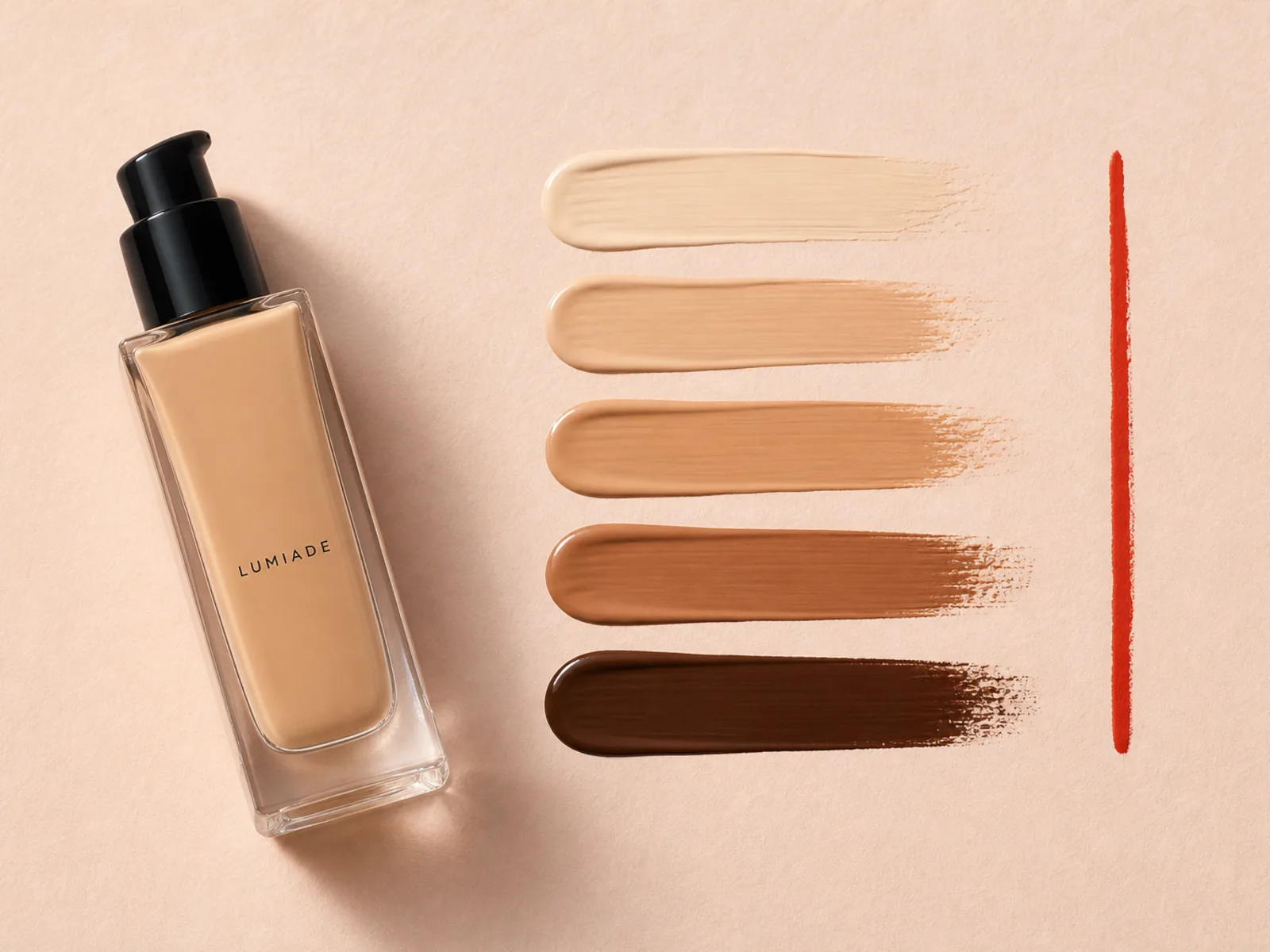 Foundation bottle beside five swatch strokes in different skin tones on blush paper