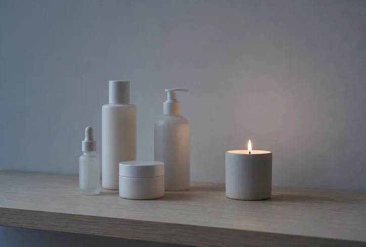 Minimalist skincare bottles and a lit candle on a pale shelf at dusk