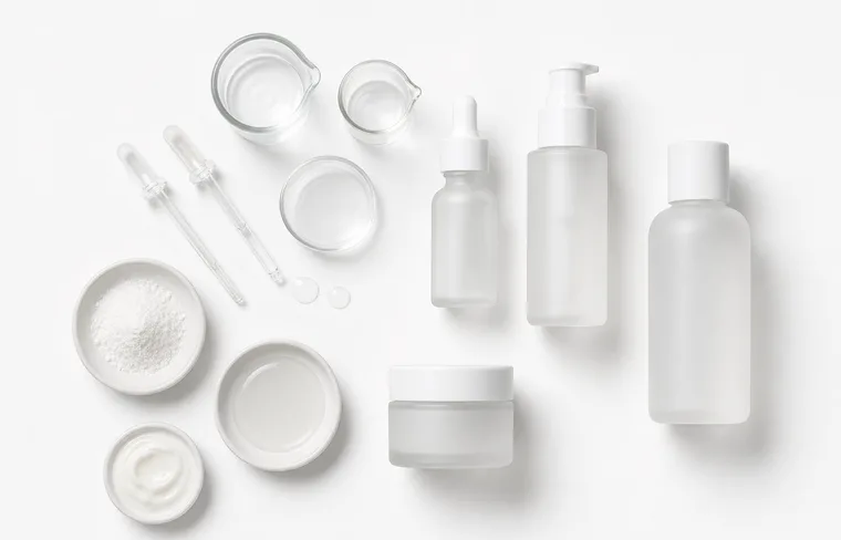 Lab glassware and ingredient dishes beside skincare bottles