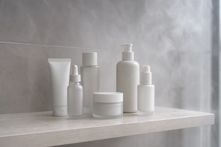 Skincare bottles on a pale bathroom shelf with soft steam