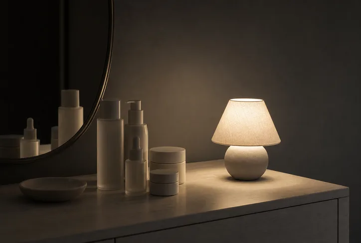 Evening vanity with minimalist skincare and a single lamp