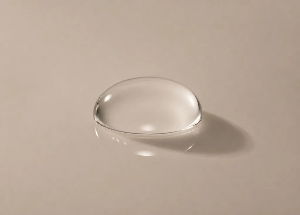 Clear serum droplet on glass against a dusty-beige background