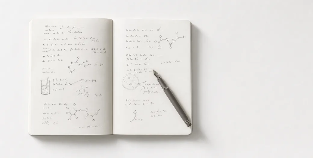Lab notebook with handwritten formulation notes and a pen