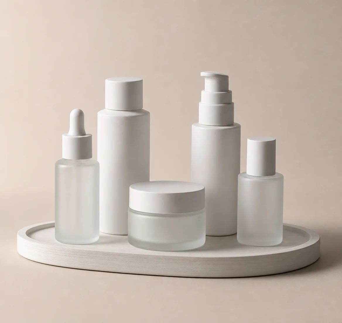Unbranded minimalist skincare bottles grouped on a white tray